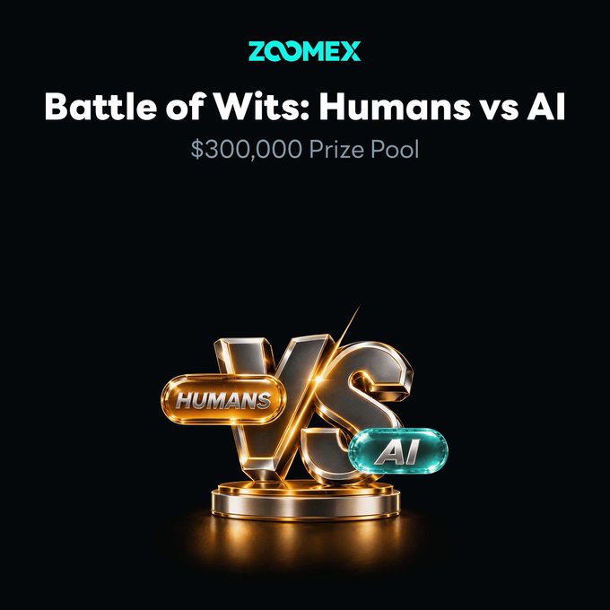 A promotional graphic for ZoomEx titled 'Battle of Wits: Humans vs AI' featuring a $300,000 Prize Pool and a 3D golden trophy.