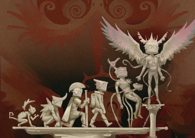 A stylized illustration showing a line of monochrome fantasy characters on a sword-like platform, culminating in a winged figure with a crown against a deep red, ornate background.