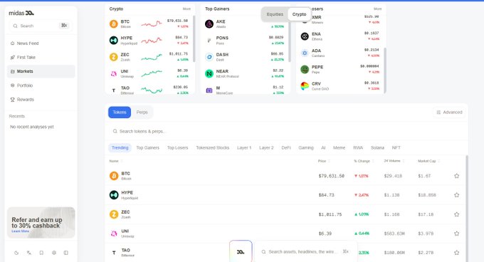 A screenshot of a financial dashboard (Midas) showing market data, including crypto and stock tickers like BTC, HYPE, ZEC, UNI, and TAO, along with price changes, market caps, and search filters.