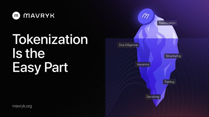 A Mavryk promotional graphic with the headline 'Tokenization Is the Easy Part' displaying an iceberg diagram where visible elements include 'Tokenization', 'Due Diligence', 'Structuring', 'Issuance', 'Trading', and 'Servicing'.
