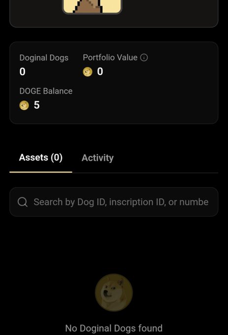 A dark-themed digital wallet interface shows zero Doginal Dogs, a portfolio value of 0, a DOGE balance of 5, and a message stating "No Doginal Dogs found."