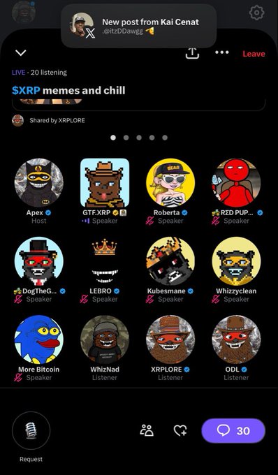 A screenshot of a live audio chat app titled 'SXR memes and chill' by Kai Cenat, showing 20 listeners and various speaker icons.