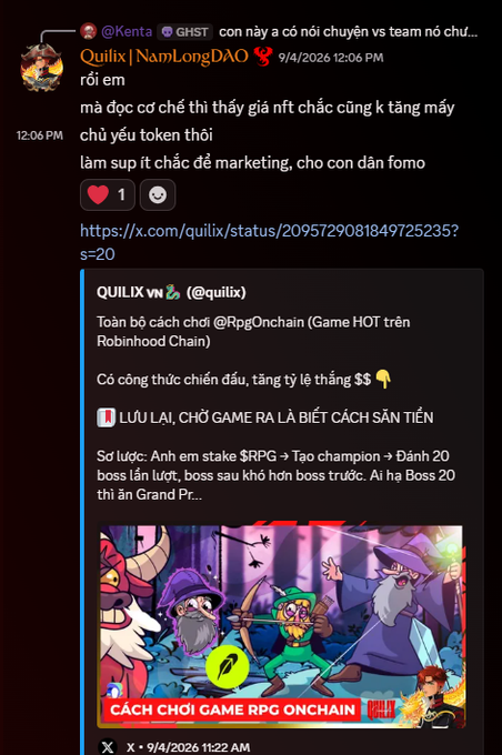 A screenshot of a Vietnamese-language social media post by user @Kenta discussing an NFT and token marketing scheme, quoting a QUILIX VN tweet about the "RPGonchain" game on Robinhood Chain.