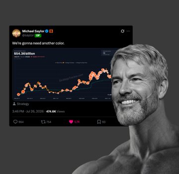A black-and-white portrait of Michael Saylor is overlaid on his tweet celebrating Bitcoin reaching new heights, showing the "$BTC" chart climbing past $64,348 million alongside his smiling face, visually reinforcing his bullish post about Bitcoin gaining nearly $18.7 billion in market cap following MicroStrategy's latest buy.