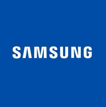 Samsung logo in white text on a solid blue background.