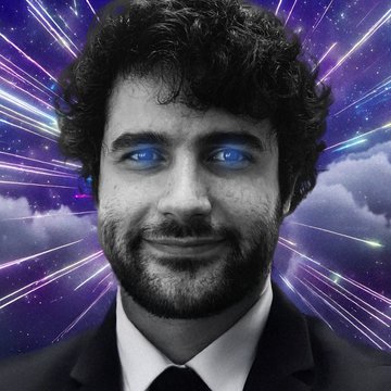 A surreal portrait of a bearded man with glowing blue eyes against a colorful background of cosmic clouds and radiating light streaks.