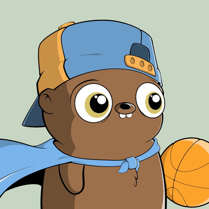 A cartoon illustration of a brown, furry creature with big eyes wearing a blue and yellow backwards baseball cap and a blue cape, holding an orange ball.