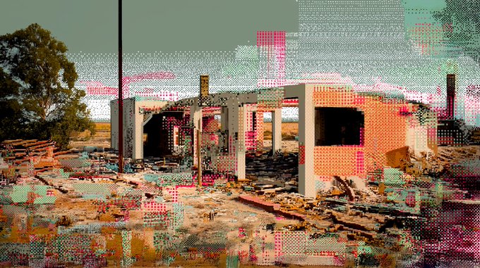 A dilapidated concrete structure sits amid scattered debris and rubble, overlaid with a glitchy, halftone-filtered aesthetic in pink, orange, and teal tones. The image accompanies a Tezos NFT listing by @tornado_ilus titled "Forgotten Walls" (edition 10/10, 10 Tez) for a #walls event.