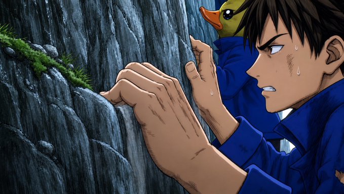An anime-style illustration of a stressed young man in a blue jacket clinging to a rocky cliff face, with a small yellow duck character peeking over his shoulder.