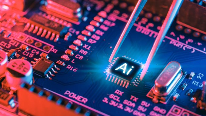 A close-up macro shot of a glowing blue circuit board with tweezers holding an "AI" chip, illuminated by red and blue lighting, symbolizing the high-value, access-controlled semiconductor hardware referenced in the post about GPU scarcity and hyperscaler dominance.