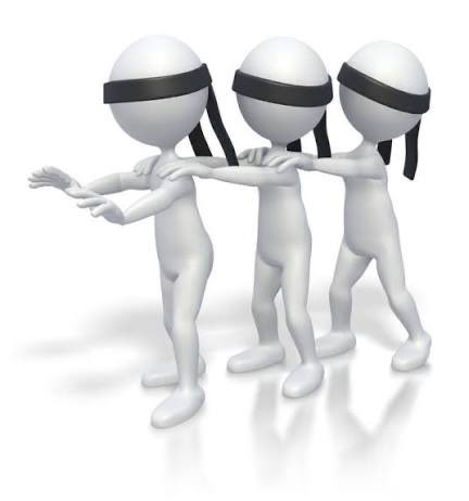 Three white 3D-rendered figures wearing black blindfolds, standing in a line with their arms extended forward as if playing a game of blind man's bluff.