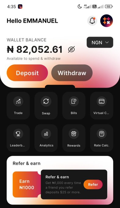 A mobile app dashboard greeting 'Hello EMMANUEL' with a wallet balance of ₦82,052.61 NGN, featuring Deposit/Withdraw buttons and a 'Refer & earn' promotion for N1000.