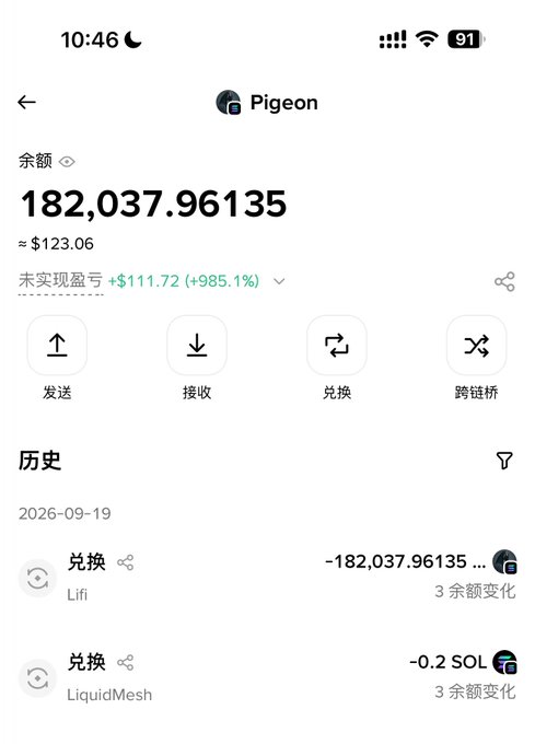 Cryptocurrency wallet screen for 'Pigeon' showing balance of 182,037.96135 (~$123.06) with unrealized P&L of +$111.72 (+985.1%), displaying send/receive/swap/cross-chain buttons and history of swap transactions via Lifi and LiquidMesh.