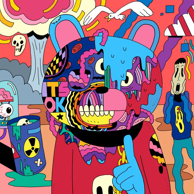 The image features a cartoon bear wearing a mask with various colors, including blue, pink, green, yellow, orange, and purple. The bear has its mouth open wide as if speaking or eating something. In front of the bear, there is a person dressed in a blue shirt and jeans who appears to be pointing at the bear's face. The background includes a red sky with clouds, a bird flying above, and a skull on the left side of the image. The caption reads "Objkt collection Day #86 Caustic by @gogoporen Collected - 10 Jul 2021".