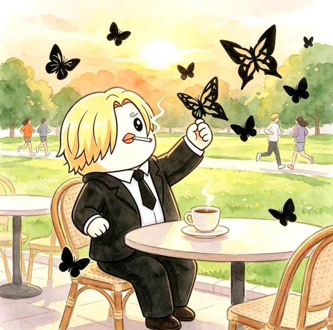A watercolor-style illustration of a chibi character with blonde hair in a black suit sitting at a cafe table with coffee, as black butterflies fly around them in a park setting at sunset.