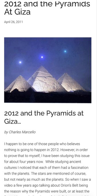 A blog post dated 'April 26, 2011' titled '2012 and the Pyramids At Giza' by Charles Marcello features the same illuminated pyramids image and begins discussing beliefs about 2012 and the alignment of planets with ancient pyramids.