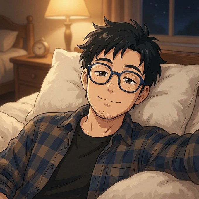 An anime-style illustration of a young man with dark hair and blue-rimmed glasses, wearing a plaid shirt, reclining comfortably against white pillows in a warmly lit bedroom.