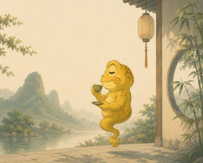 A whimsical illustration of a golden, smiling chameleon-like creature holding a teacup and saucer, sitting on a stone ledge overlooking a serene river and bamboo beside a round window and hanging lantern.