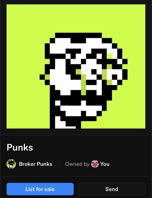 A pixel art profile of a skull-like character on a green background from a 'Broker Punks' NFT collection, owned by the user, with 'List for sale' and 'Send' options below.