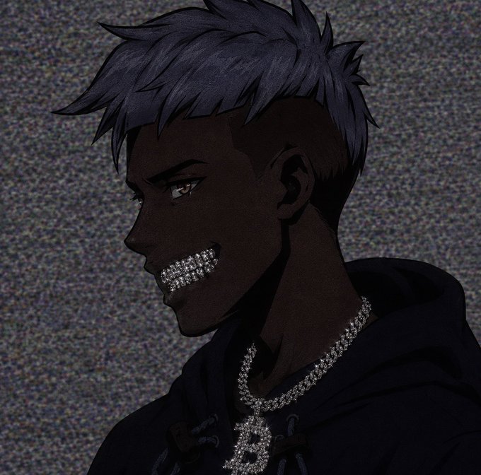 An anime-style digital illustration depicts a dark-skinned character with spiky hair in profile, wearing a diamond-encrusted grill on his teeth and a diamond chain necklace against a grainy gray background.