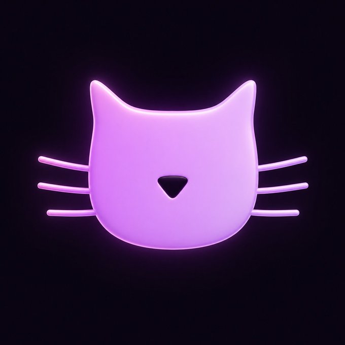 A glowing neon purple 3D cat face with whiskers is centered against a black background. The image serves as a stylized logo or mascot for the "Fat Cats Trading" project, aligning with the playful branding teased in the accompanying announcement about an upcoming NFT marketplace launch.
