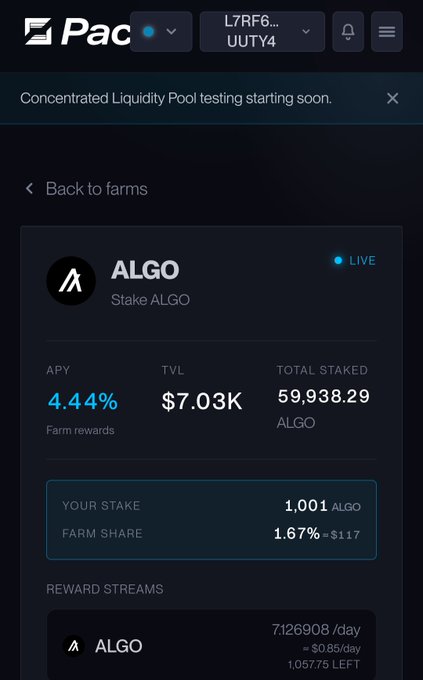A mobile app screenshot from 'Pac Finance' showing a 'Stake ALGO' farming interface with an APY of 4.44% and a TVL of $7.03K.