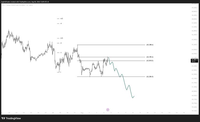 This chart shows the price action of BTC/SEIUS PERPETUAL FUTURES on TradingView, with projected price targets and a downward trend indicated by a green line around the 65k mark.