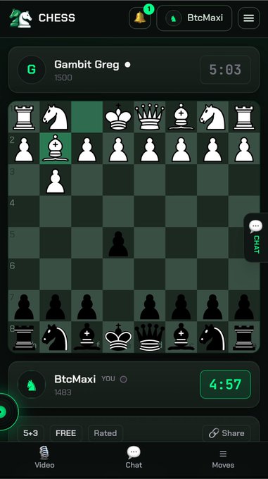 A chess game on the Chess.com app showing a match between Gambit Greg (1500) and BtcMaxi (1483), with a clock at 5:03 and 4:57.