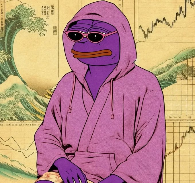 A purple Pepe the Frog character in a hoodie and pink sunglasses is superimposed over a vintage Japanese ukiyo-e artwork and financial trading charts.