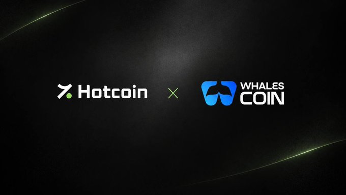 A promotional graphic on a dark background showing the logos of 'Hotcoin' and 'WHALES COIN' separated by a yellow 'X', indicating a partnership or collaboration.
