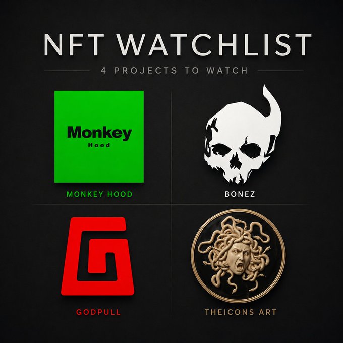 A dark-themed NFT watchlist graphic features the titles "4 PROJECTS TO WATCH" and showcases logos for **MONKEY HOOD** (green square), **BONEZ** (white skull), **GODPULL** (red "G"), and **THE ICONS ART** (gold Medusa emblem), highlighting the lesser-known projects mentioned in the post.