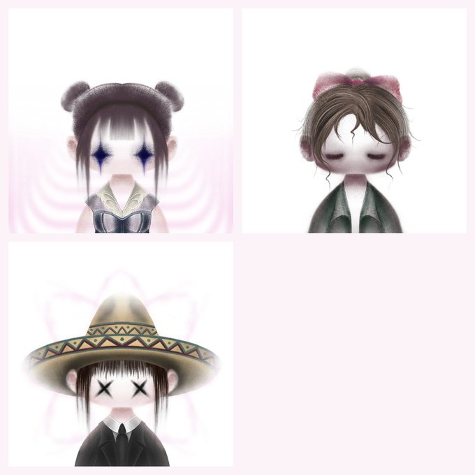 Three stylized, gothic-style character illustrations with pale faces and dark hair, wearing animal-themed hats and dark clothing.