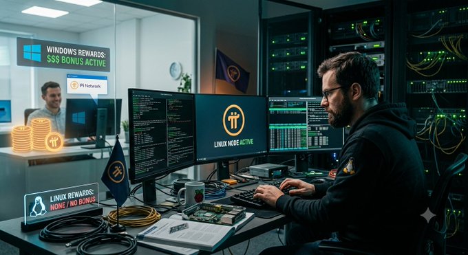 An office scene shows a bearded man working at multiple monitors displaying 'LINUX NODE ACTIVE,' with a colleague in the background and floating pop-ups reading 'WINDOWS REWARDS: $$$ BONUS ACTIVE' and 'LINUX REWARDS: NONE / NO BONUS.'