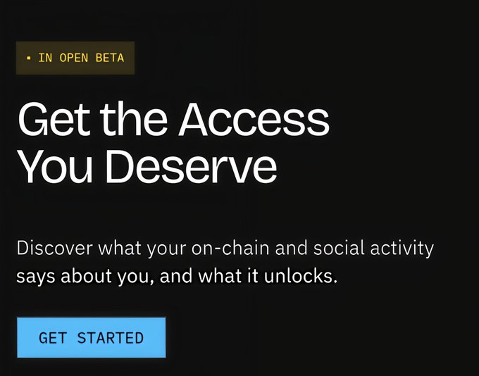A dark-themed promotional screen with "IN OPEN BETA" tag, headline "Get the Access You Deserve," and text about discovering on-chain and social activity, featuring a "GET STARTED" button.