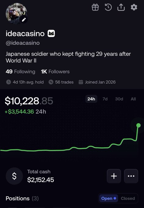 A mobile trading app profile for 'ideacasino' displays a portfolio value of $10,228.85, a +$3,544.36 24-hour gain, 1K Followers, and the bio 'Japanese soldier who kept fighting 29 years after World War II'.