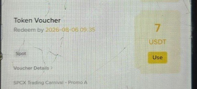 A screenshot of a Binance Token Voucher showing 7 USDT for the SPCX Trading Carnival - Promo A, redeemable by 2026-08-06 09:35, illustrating the successful reward claim mentioned in the post.