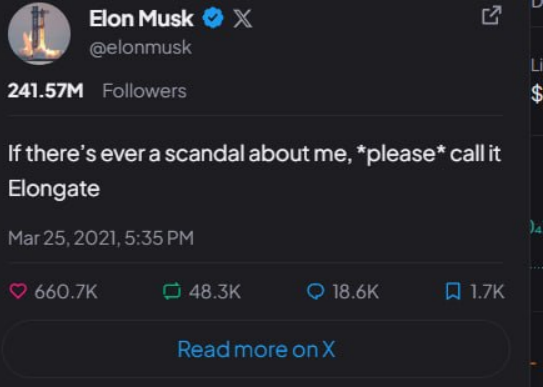 Tweet from Elon Musk (@elonmusk) dated March 25, 2021, reading: 'If there's ever a scandal about me, *please* call it Elongate'.