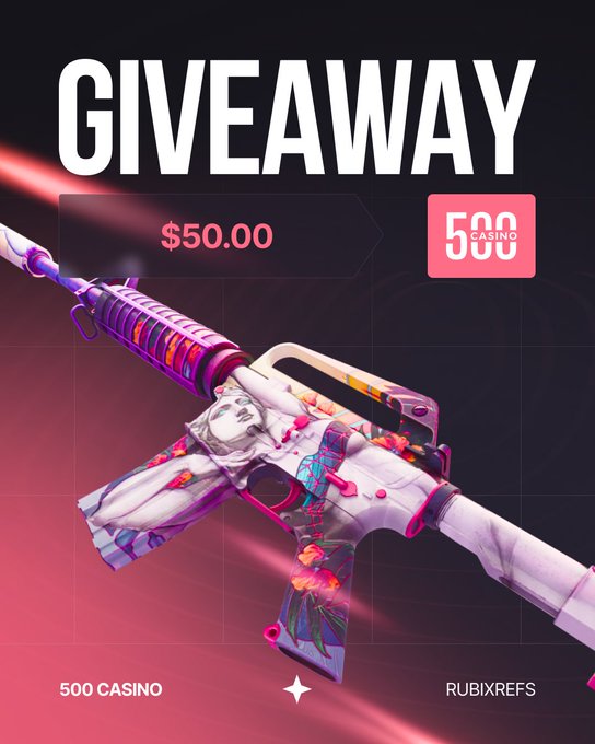 A promotional graphic for a $50.00 giveaway at 500 CASINO featuring a decorated rifle skin.