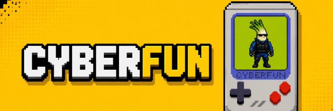A pixel art logo reading 'CYBERFUN' in white and yellow text on a yellow background, accompanied by a handheld gaming device displaying a character.
