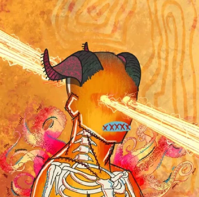A colorful, stylized digital illustration of a horned skull-like figure with glowing laser beams shooting from its eyes, surrounded by octopus tentacles against an orange backdrop, with 'XXXXX' text on its face.