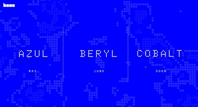 A blue pixel-art style world map timeline graphic labeled 'bera' in the top left, showing three release phases: 'AZUL MAY', 'BERYL JUNE', and 'COBALT SOON'.