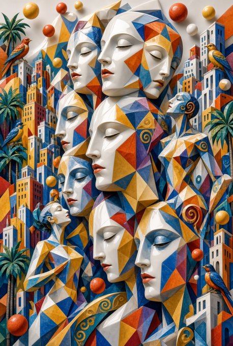 A vibrant cubist-style digital artwork depicting multiple stylized faces surrounded by colorful geometric buildings, palm trees, and birds in shades of blue, orange, yellow, and red.