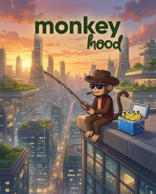 An illustrated logo showing a monkey in a cowboy hat and sunglasses fishing from a skyscraper with a cooler of bananas, with the text 'monkey hood' above.
