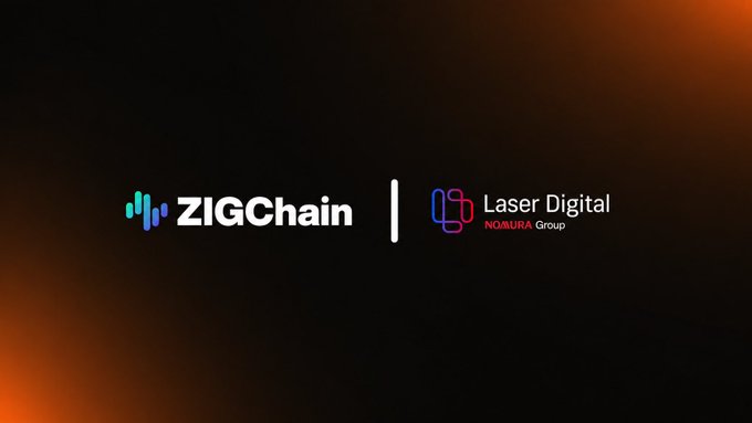 The image displays the ZIGChain and Laser Digital (Nomura Group) logos side by side on a dark orange and black background, representing a partnership announcement in which Nomura-backed Laser Digital has invested in $ZIG and collaborated with ZIGChain to deliver institutional-grade credit onchain.