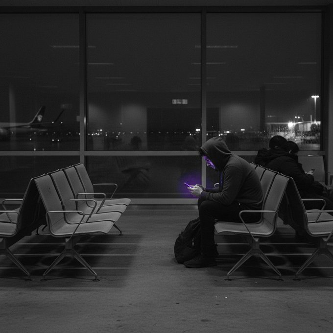 A lone traveler in a hooded sweatshirt stares down at his glowing phone in an empty airport terminal at night, capturing the universal moment of watching markets move while in transit. The scene reflects the post's theme of waiting on Coinbase's regional rollout of Hyperliquid perps on the Base app—many users, like passengers at a deserted gate, are still left watching from the sidelines as "eligible" regions get early access.