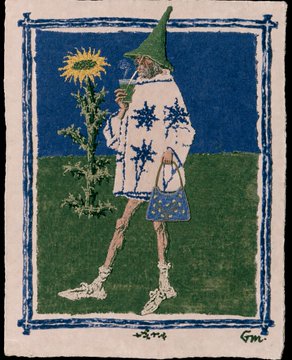 A whimsical illustration shows a figure in a green pointed hat and star-patterned poncho standing beside a large sunflower against a blue background, signed "Lily" and "Gm." The artwork, titled "Lady Lily's Bag," is being shared as a "Gm" greeting on Objkt.com.