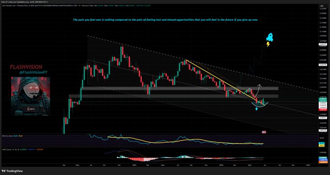 A TradingView candlestick chart with the 'FLASHVISION' watermark, showing technical analysis patterns including a descending trendline and support zone, with a quote about pain and future feelings.