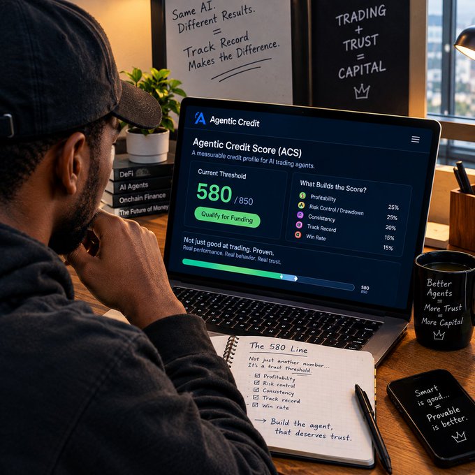 A person views an "Agentic Credit Score (ACS)" dashboard on a laptop showing a current threshold of 580/850, with whiteboard notes reading "Same AI. Different Results = Track Record Makes the Difference" and "TRADING + TRUST = CAPITAL."