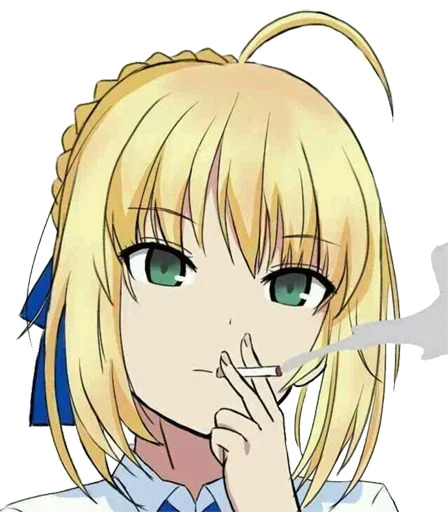An anime-style illustration of a blonde girl with green eyes smoking a cigarette, wearing a white collared shirt with a blue ribbon.