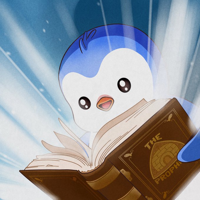 Digital illustration of a cute blue and white bird-like creature reading a brown leather-bound book titled 'THE PROPH...' against a bright, glowing blue background.